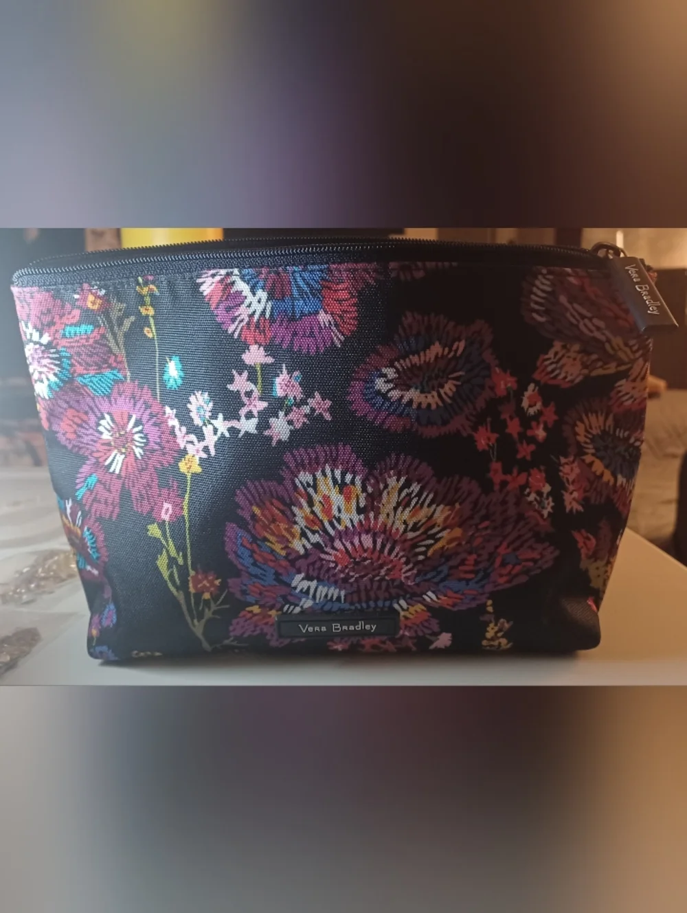 Vera Bradley Black Floral Zip Cosmetic Large Pouch with Multicolor Blooms